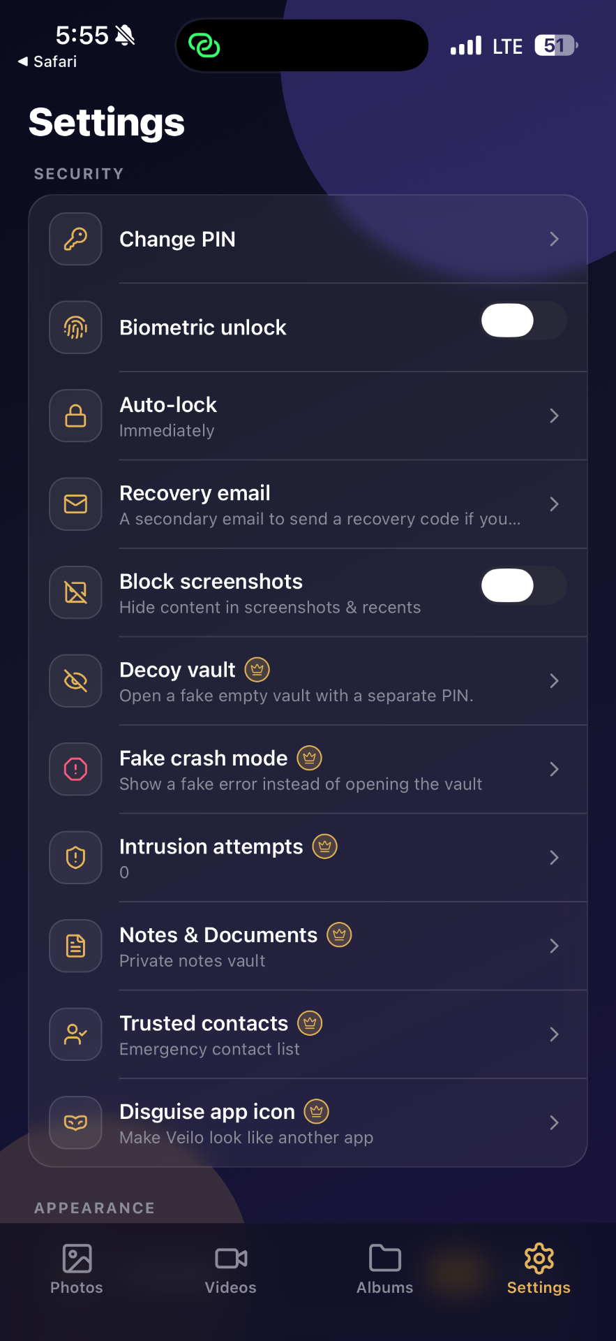 Veilo security settings